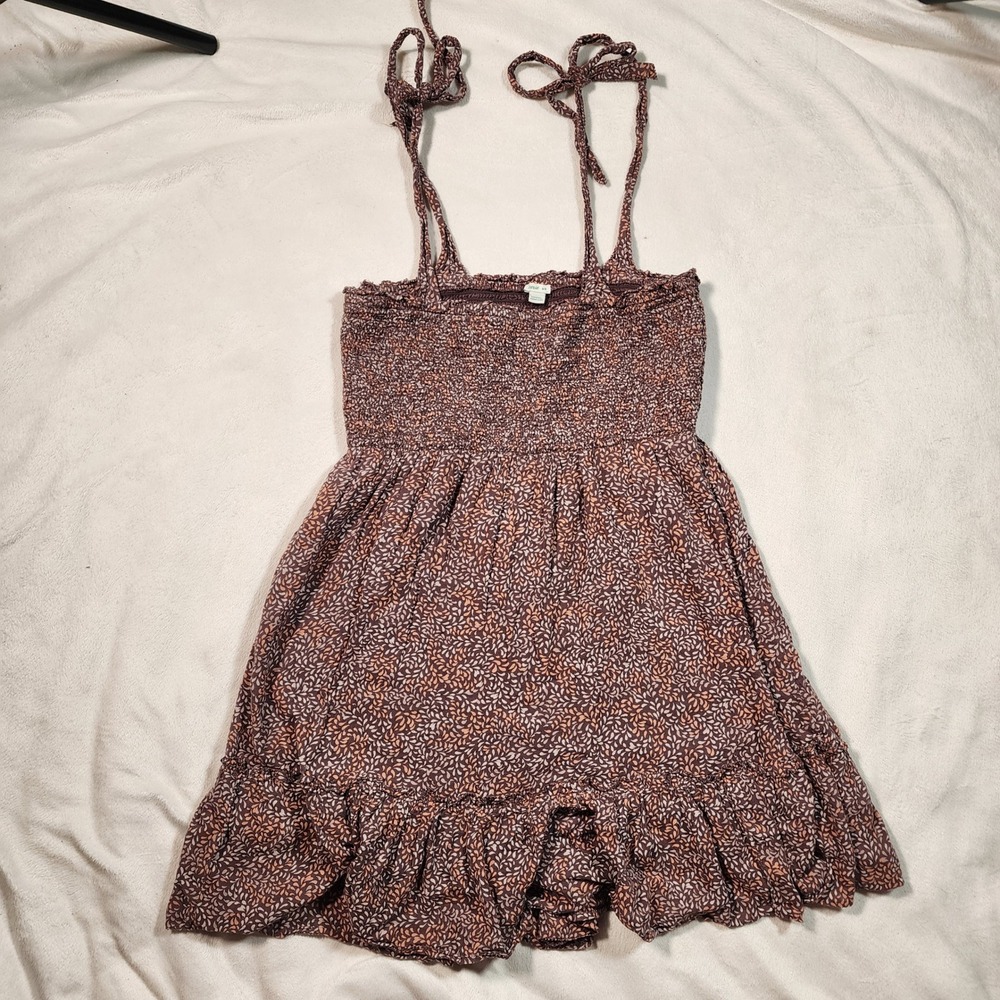 Aerie Brown Leaf Print Smocked Mini Dress Tie Shoulder Ruffle Hem Medium